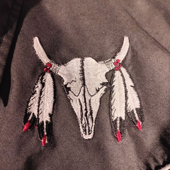 Ely Diamond pearl snap shirt mens L Large black skull embroidered feather - Picture 4 of 9